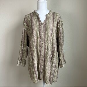 Essentials by Maggie Crinkle Button Up Tunic Earthy Striped Boho 30/32W Cotton